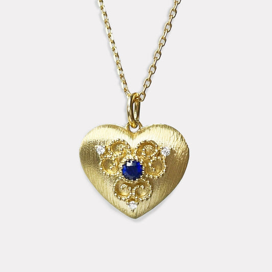 Blue Sapphire Heart Lock Diamond Pendant - PBR21011